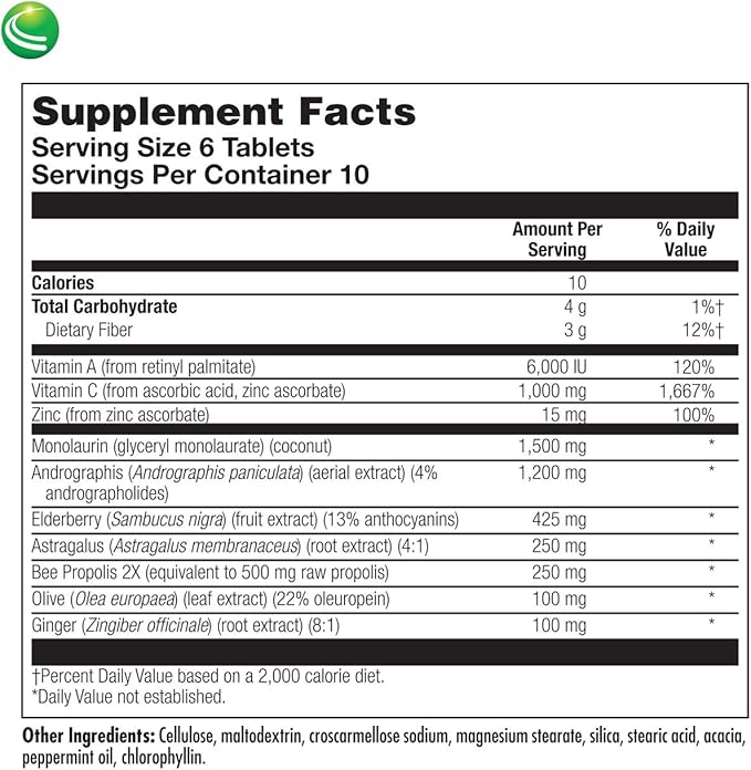 Nutra Biogenesis CompliVir - Monolaurin and Zinc Supplement for Men and Women Immune Support for Adults with Vitamin C Olive Leaf Extract and Elderberry - 60 Tablets