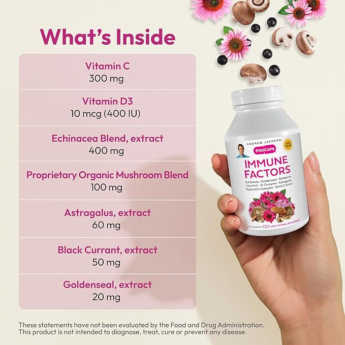 ANDREW LESSMAN Immune Factors 180 Capsules – Echinacea Goldenseal Vitamin C Astragalus Berberine Mushroom Blend Black Currant. Supports and Promotes Immune System and Natural Defenses