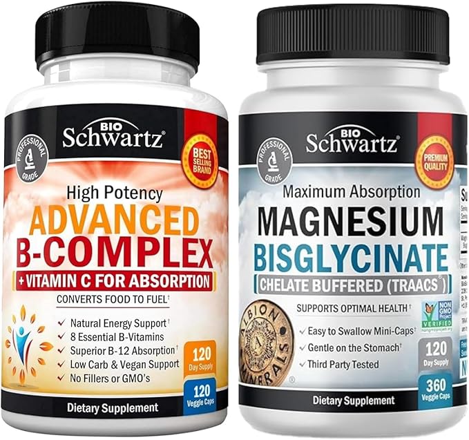 Vitamin B Complex with Vitamin C (4 Month Supply) Plus High Absorption Magnesium Bisglycinate Capsules (4 Month Supply)