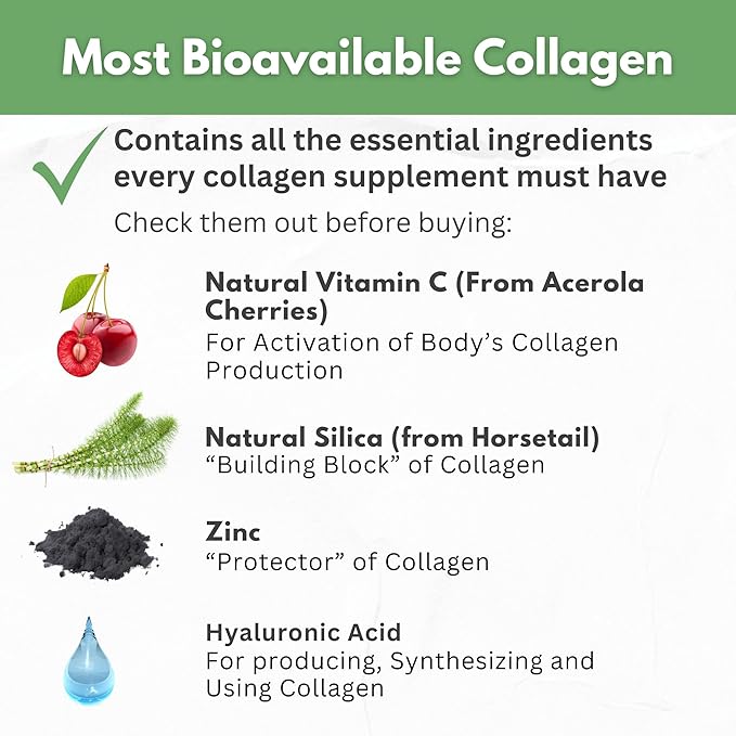 HCL HERBAL CODE LABS Collagen Peptides Powder with Vitamin C &amp Hyaluronic Acid - Cleanest Sources &amp Super High Absorption - Hydrolyzed Multi Type I II III V X - Skin Hair Supplement (Capsu