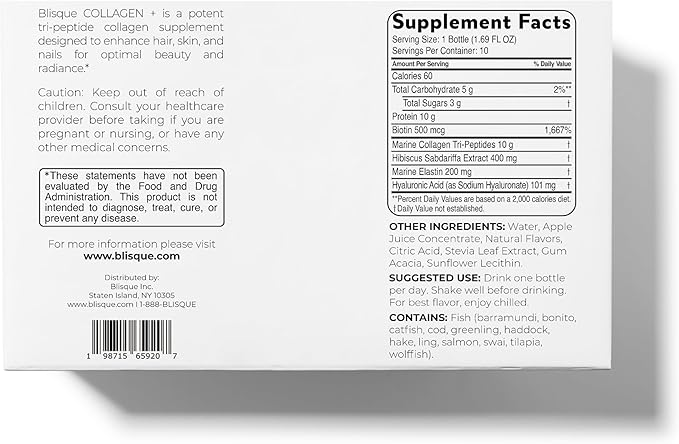 Blisque - Liquid Collagen Tri-Peptide Complex | with Biotin and Hyaluronic Acid | for Hair Skin and Nails | 10 Bottles | 10-Day Supply