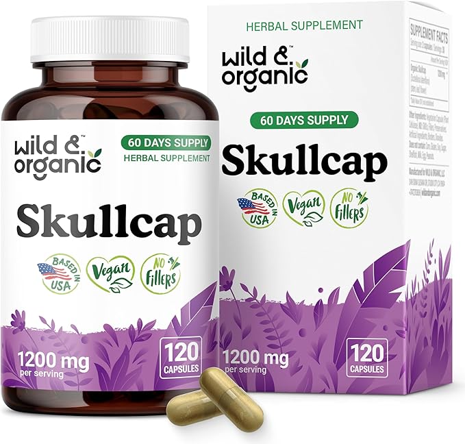 Wild &amp Organic Skullcap Herb Capsules 1200 mg - Calming Skullcap Supplement - 120 Capsules - Scutellaria Lateriflora Leaf Extract - 2-Month Supply - Vegan No Fillers Non-GMO