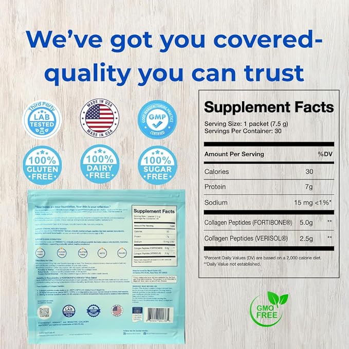 Beauty and Bones Collagen Peptides for Women FORTIBONE 5 g + VERISOL 2.5 g Bone Health &amp Skin Elasticity Support Hydrolyzed Types I &amp III 30 Sachet Packs