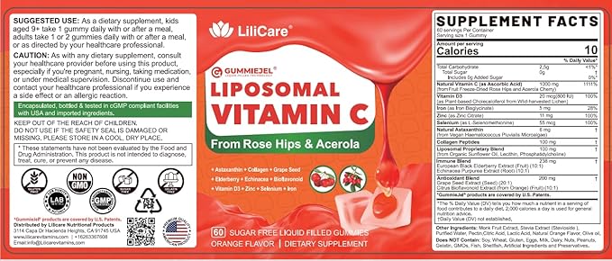 Natural Liposomal Vitamin C 1000mg Gummies for Adults Kids 9+ Chewable Vitamin C w/ 11mg Zinc D3 Elderberry Echinacea BioflavonoidImmune Support Whole Food VIT C from Fruits Sugar Free 2Pack