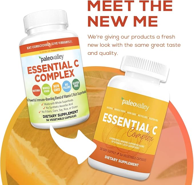 Paleovalley Essential C Complex - Vitamin C Supplement for Immune Support - 1 Pack 450mg - Organic Superfoods Unripe Acerola Cherry Camu Camu Amla Berry - No Synthetic Ascorbic Acid - USA Made