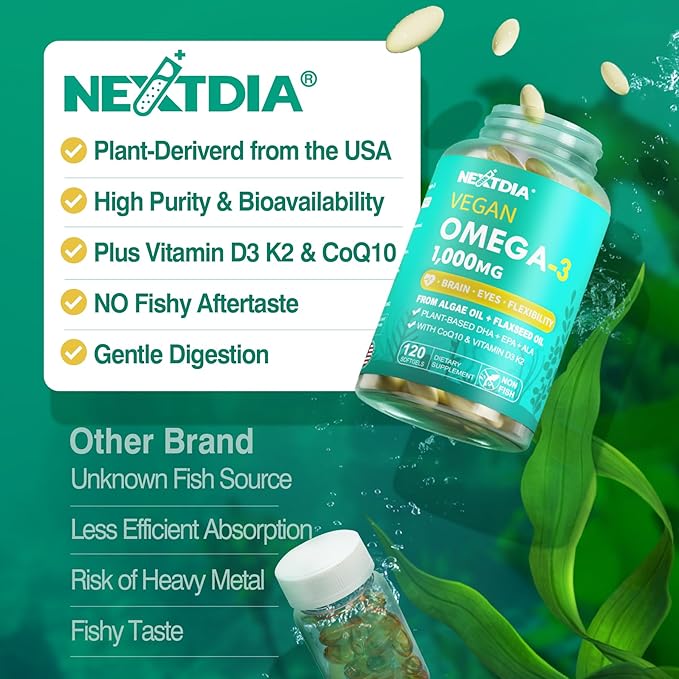2 Pack Vegan Omega 3 D3 K2 CoQ10 Supplement Plant Based DHA EPA ALA for Women Men Omega 3 Organic Algae Flaxseed Oil Supplement for Bone Brain Eye &amp Immune Support No Carrageenan 240 Softgel
