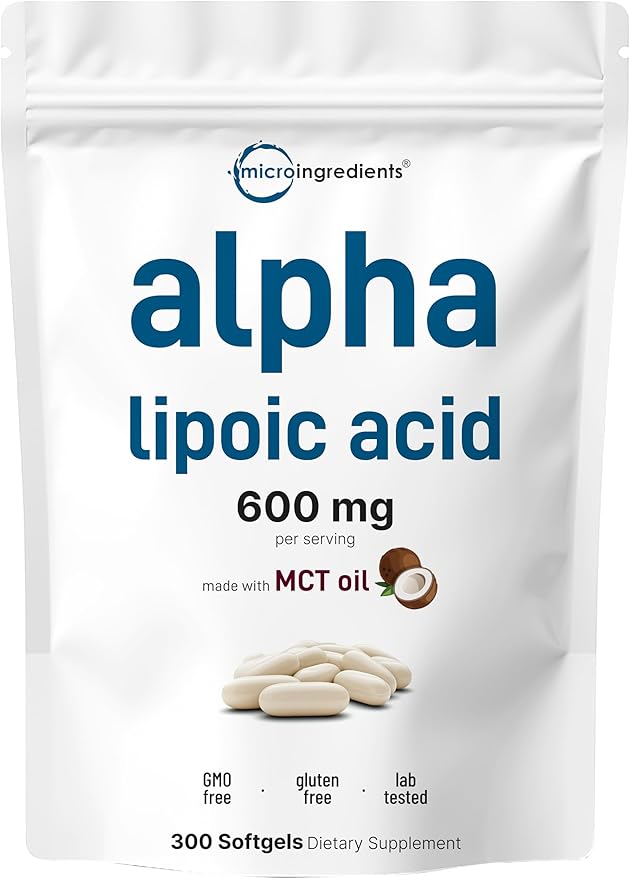 Micro Ingredients Alpha Lipoic Acid 600mg with MCT Oil 300 Softgels | ALA Supplement for Liver Antioxidants Nerve Cardiovascular Health Support | Non-GMO Gluten-Free Soy-Free