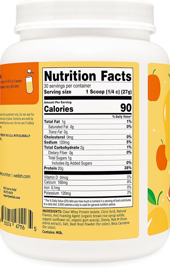 Wellah Clear Whey Protein Isolate Powder (Mango Clementine) 30 Servings - 20g of Protein 90 Calories Sweetened with Stevia
