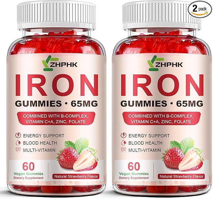 Iron Supplement Gummies for Women Men &amp Kids 65mg Iron &amp 250mg Vitamin C per Serving - Healthy Blood Energy &amp Immune Support Iron Vitamin Gummy with Folate 2 Pack