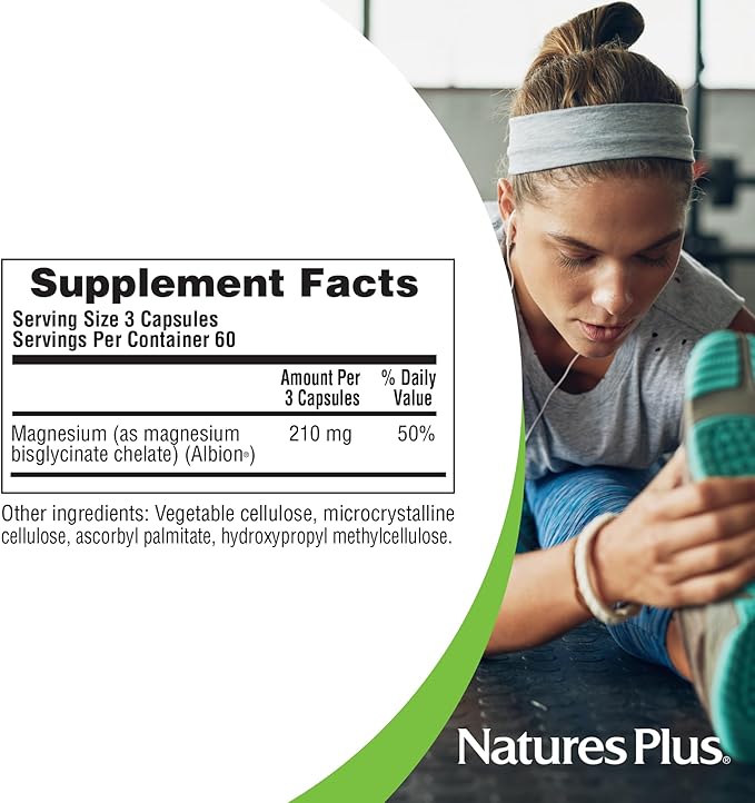 NaturesPlus KalmAssure Magnesium Bisglycinate - 180 Capsules - Supports Nerve &amp Muscle Relaxation - Formulated Without Magnesium Oxide - 60 Servings