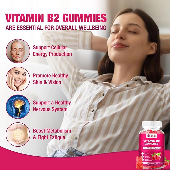 Haohan Vitamin B2 400mg with Magnesium Gummies for Migraine and Nervous System Support in Sugar-Free Vegan Raspberry Flavor 120 Count for Adults and Kids