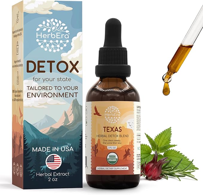 HerbEra Texas Herbal Detox Blend - USDA Organic Extract Made in USA | Immune &amp Liver Support Liquid Drops | Burdock Dandelion Root Milk Thistle Hibiscus Rosemary Spirulina | 2 fl oz