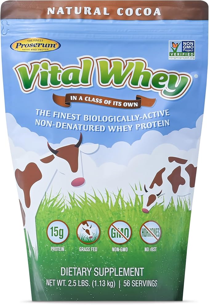 Grass-Fed Whey Protein Powder for Immune Vitality Natural Cocoa 2.5lbs (56 Servings) 15g Protein Per Serve Vital Whey Clean Holistic Wellness Nutrition