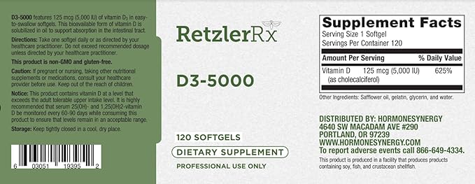 HormoneSynergy D3-5000 by Dr. RetzlerRx - 120 Softgels - High Potency Bioavailable Vitamin D3