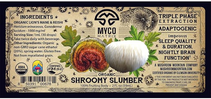 Shroomy Slumber Adaptogenic Organic Mushroom Extract-Non GMO Made in SC USA- Sleep Quality &amp Support Stress Management-Brain &amp Heart Health Immune Support - Lion's Mane Reishi Mushroom