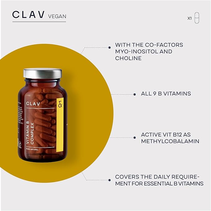 CLAV Vitamin B Complex - 120 Capsules - All 8 B Vitamins with Co-Factors Myo-Inositol &amp Choline - Supports Energy Metabolism - Vegan - Made in Germany