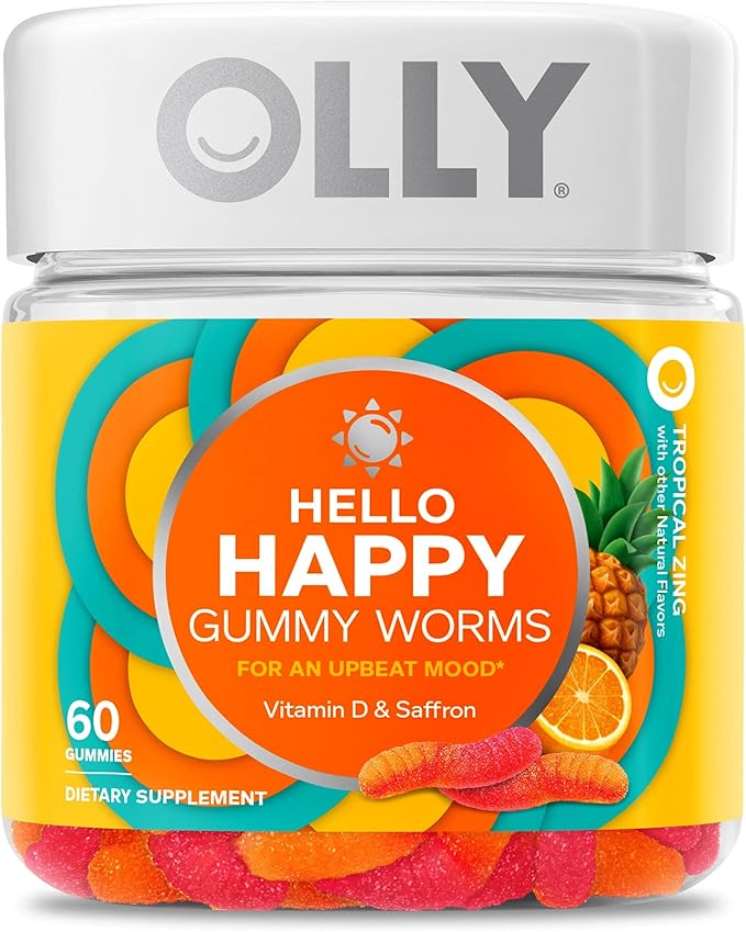 OLLY Hello Happy Gummy Worms Mood Balance Support Vitamin D &amp Undeniable Beauty Gummy for Hair Skin Nails Biotin Vitamin C Keratin Chewable Supplement Grapefruit 30 Day Supply - 60 Coun