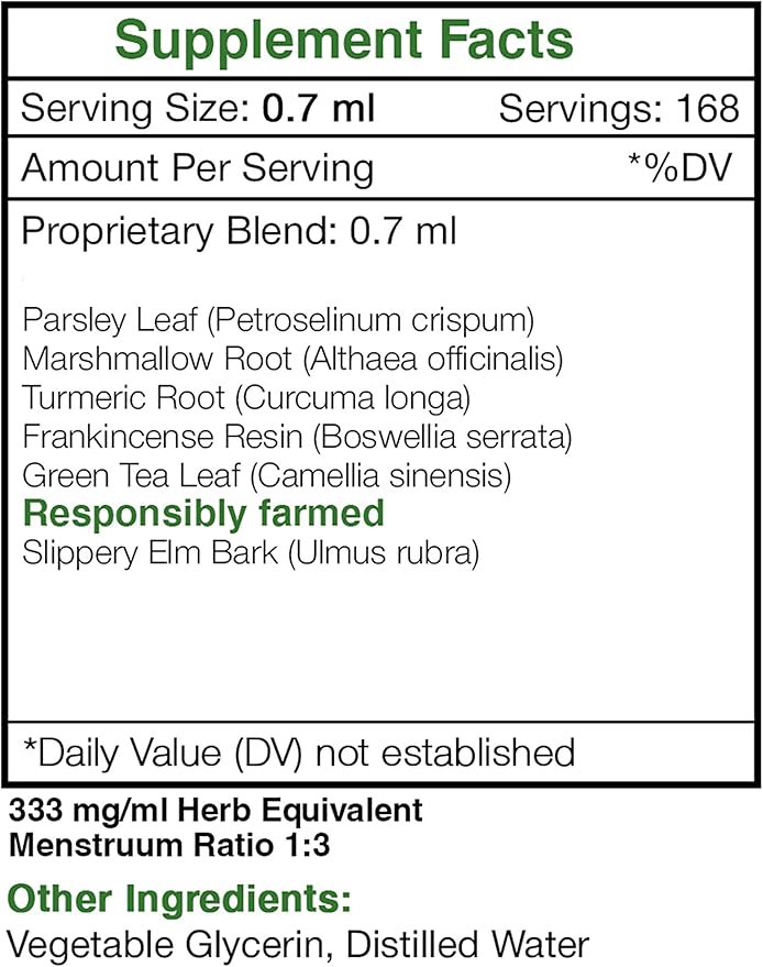 Tribal Crohn's Alcohol-Free Glycerite Tincture Slippery Elm Parsley Marshmallow Turmeric Frankincense Green Tea. Herbal Extract Gut and Bowel Formula (4 FL OZ)