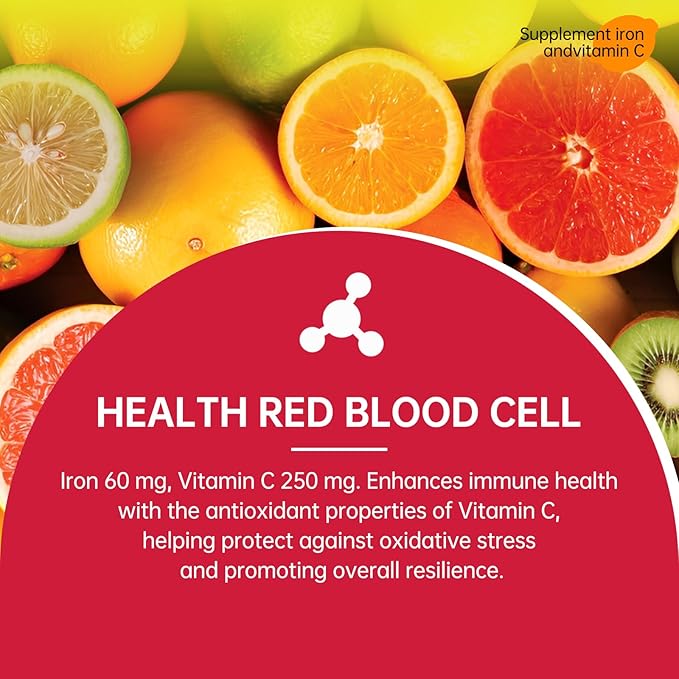 Daily Iron Supplement Tablets Iron 60 mg with Vitamin C 250 mg Support The Production of Healthy Red Blood Cells Gentle Absorption Formula 60 Servings