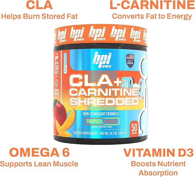 BPI Sports CLA + Carnitine Shredded - Convert Fat Cells Into Energy and Supports Lean Muscle Boost Metabolism - Non-Stimulant L-Carnitine Supplement - Tropical Mango (14.1 oz. / 50 Servings)