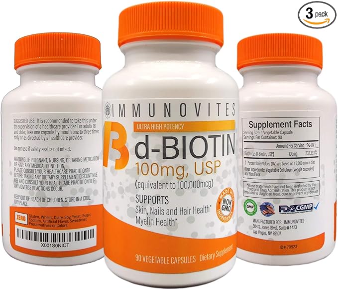 IMMUNOVITES 3-Pack High Dose Biotin (as d-Biotin USP) 100mg (Equivalent to 100000mcg) 90 Capsules High Potency (3)