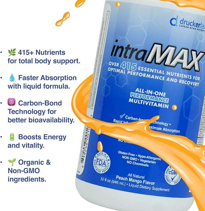 intraMAX Organic Liquid Multivitamin Non GMO Dairy Free Gluten Free Magnesium Vitamin D C and E Zinc (32 oz. Peach Mango)