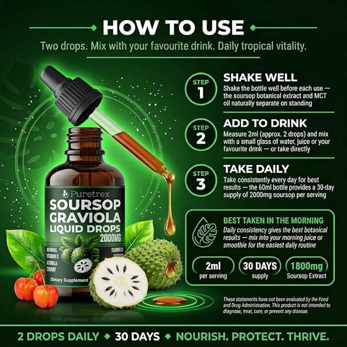 Soursop Graviola Liquid Drops 2000mg with Acerola Cherry Turmeric Extract and Black Pepper Extract 60mL (2 fl oz)