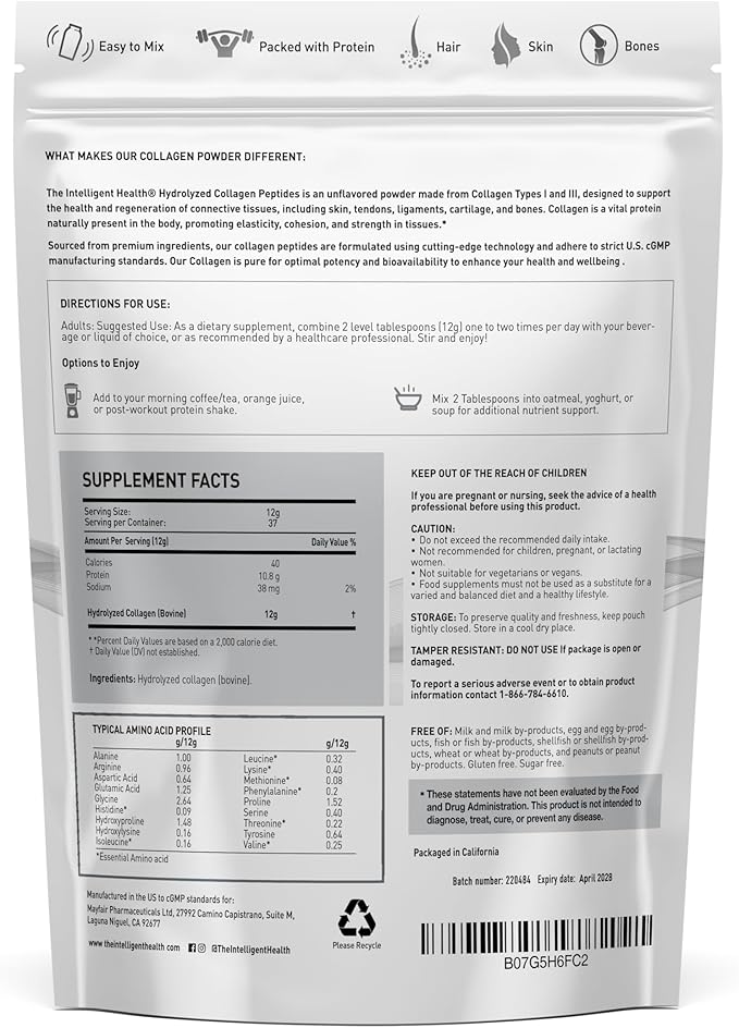 The Intelligent Health Collagen Peptides Powder 45 Servings Hydrolyzed Collagen Type I &amp III Grass Fed Unflavored Gluten Free Keto/Paleo 10g Servings 15.9 Oz Skin Support Hair Nail Jo
