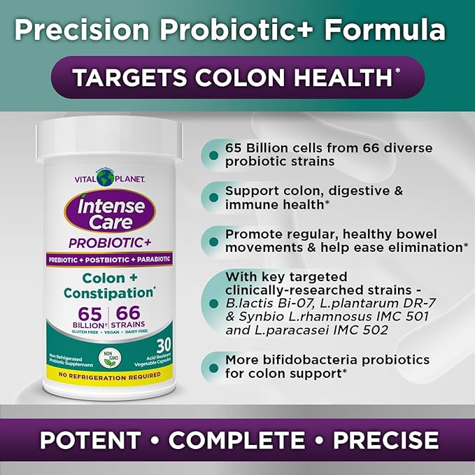 Vital Planet - Intense Care Colon &amp Constipation Probiotics Plus Organic Prebiotics Postbiotics Parabiotics Complete 4-in-1 Health Supplement for Adults 65 Billion CFU 66 Strains 30 ct