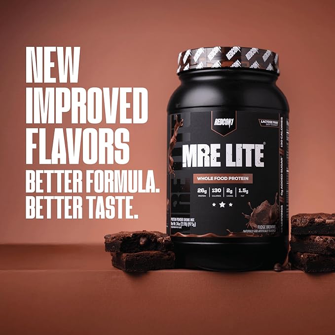 REDCON1 MRE LITE Whole Food Protein Powder Fudge Brownie - Lactose Free &amp Sugar Free Meal Replacement with Animal Protein Blends - Easy to Digest Formula - Only 2g Carb per Serving (30 Servings)