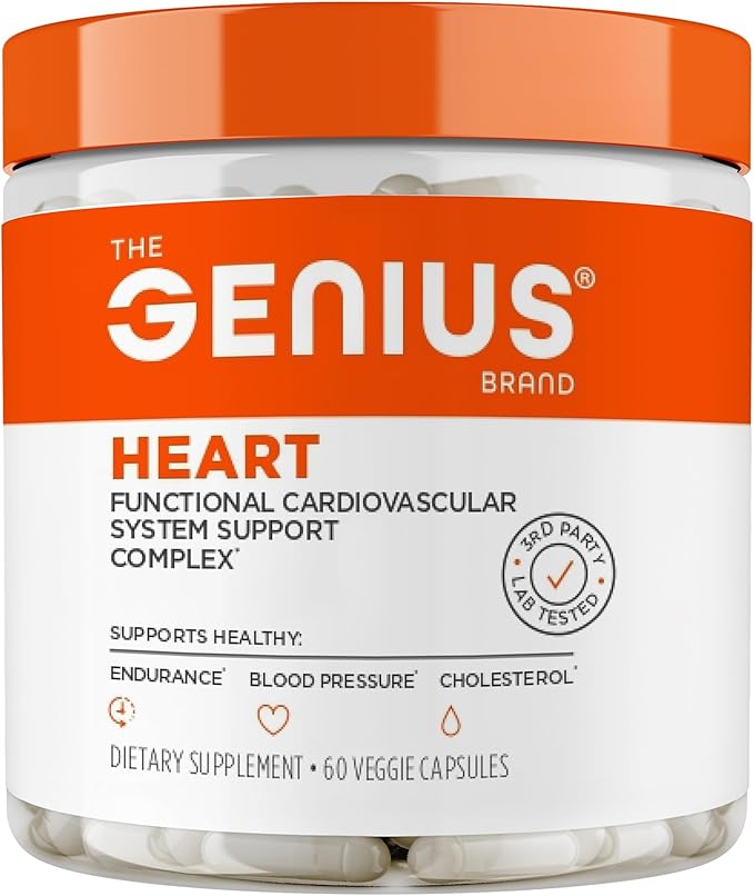 The Genius Brand Genius Heart - Adult Health Supplement for Daily Heart Function Support - Supports Blood &amp Oxygen Flow - With Grapeseed Extract &amp More - Non-GMO Gluten-Free &amp Vegan - 60