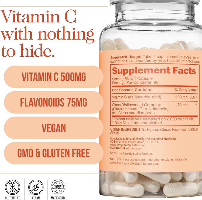 Naked Iron + Vitamin C Bundle – High-Potency Supplement for Deficiency Energy Support Red Blood Cell &amp Daily Antioxidant Immune Support – 65 mg Iron (60 Caps) + 500 mg Vitamin C (90 Caps)