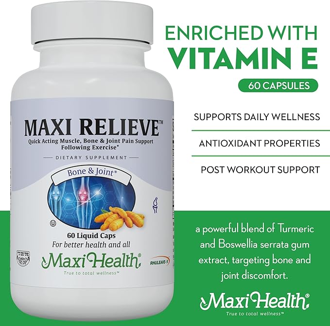 Maxi Health Relieve Joint Support Supplement with Turmeric and Boswellia Serrata Quick-Acting Support After Exercise Vegetarian Non-GMO Bone &amp Joint Health Supplement for Men &amp Women 60 Cap