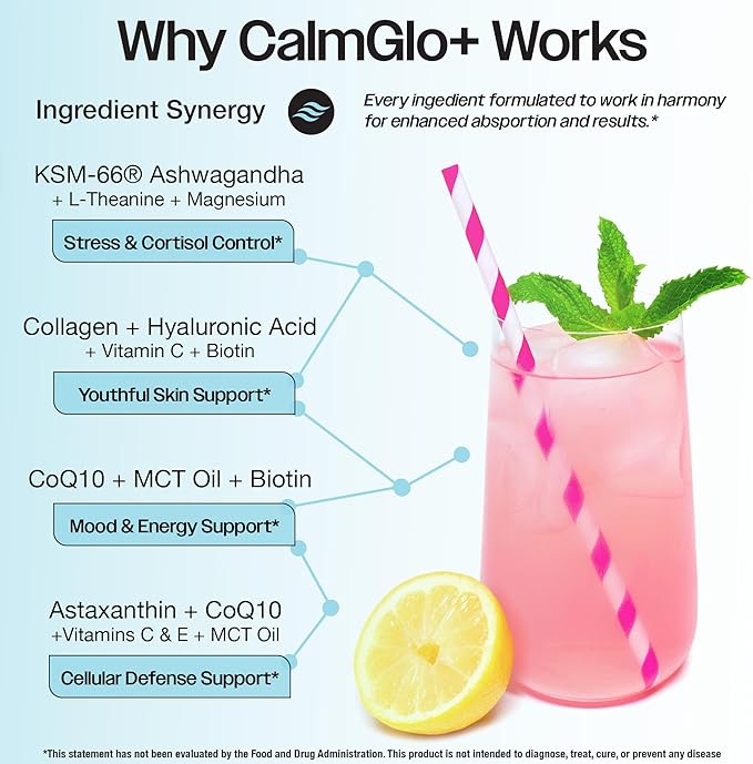 Daily Stress &amp Skin Support Drink Powder – Adaptogen Cortisol Reducer with Ashwagandha KSM-66 L-Theanine Magnesium &amp Collagen Peptides – Mood Focus &amp Hydration - Raspberry Lemonade 30