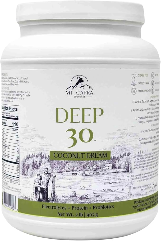 Mt. Capra Deep 30 | Meal Replacement Shake Goat Protein Powder with Grass-Fed Whey Protein Casein Protein Minerals and BC-30 Probiotics | Coconut Dream | 30 Servings - 2 Pounds