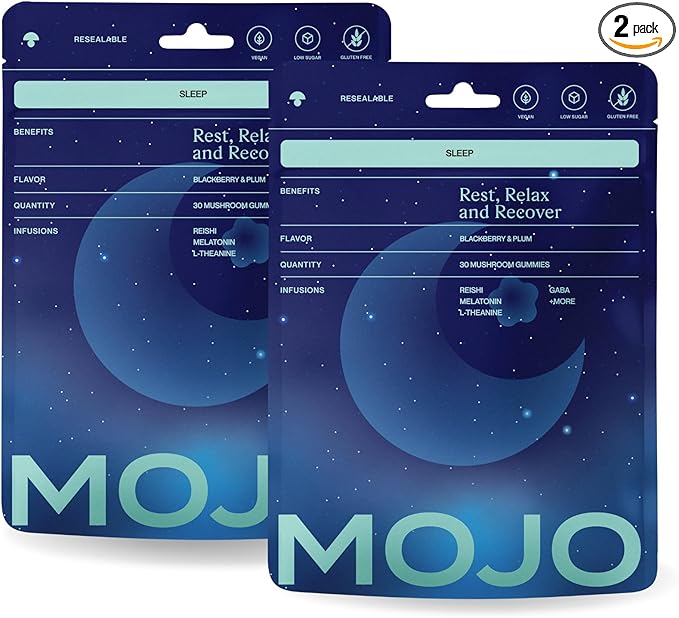 Mojo Sleep Gummies - Non-Habit Forming Sleep Aid - with Magnesium GABA Reishi Mushroom L-Theanine and Melatonin - Vegan Non-GMO - Black Berry and Plum Pack of 2 (60 Gummies)