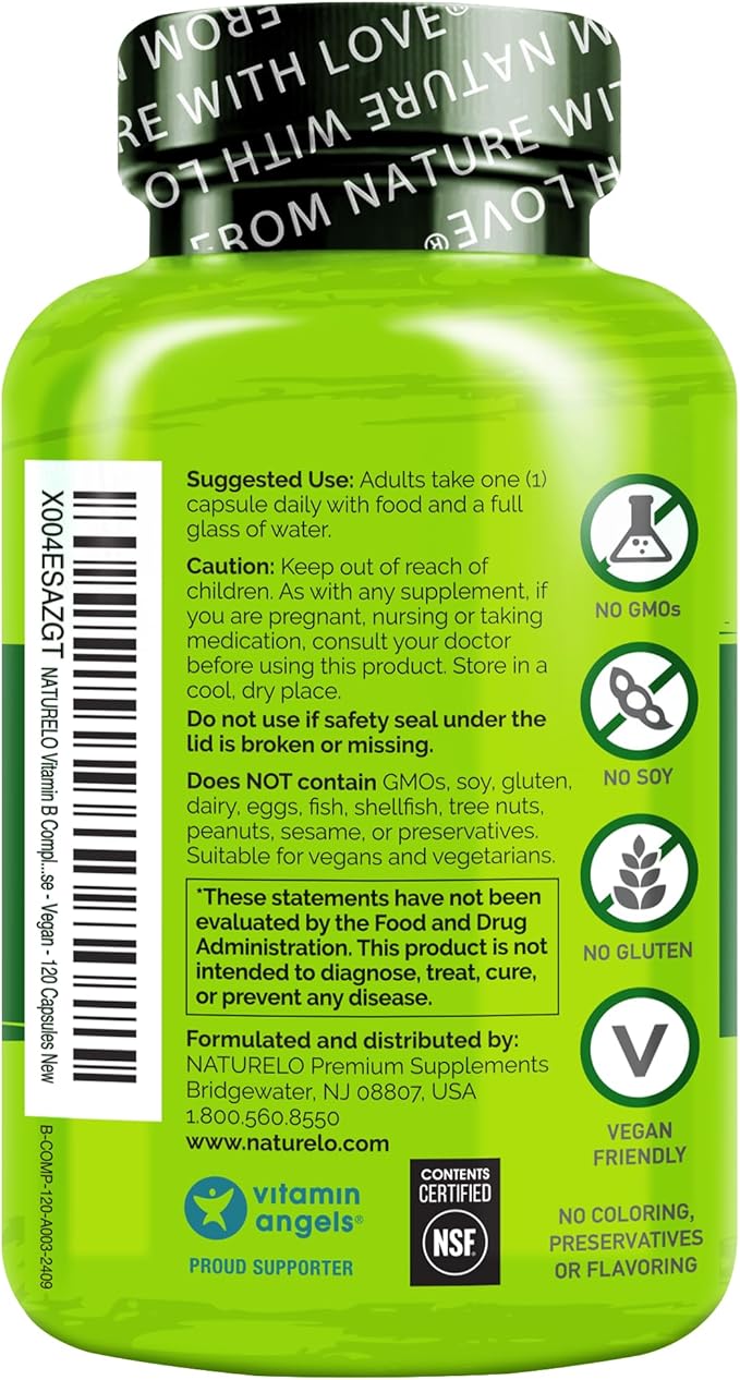 NATURELO Vitamin B Complex120 Capsules Vegan CoQ10 Methyl Folate Biotin Fruit &amp Veg Blend Supports Energy and Healthy Stress Response Super B Complex Vitamins for Women and Men