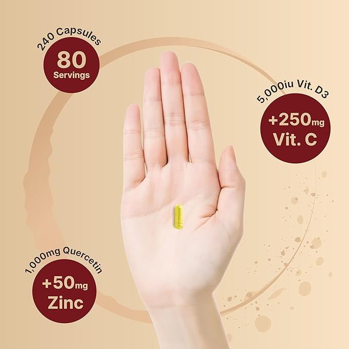 NatureBell Zinc Quercetin with Vitamin C &amp D3 240 Capsules | Quercetin 1000mg + Zinc 50mg + Vitamin C 250mg + Vitamin D3 5000 IU | 4-in-1 Advanced Immune &amp Lung Support | ZincVanta Formula