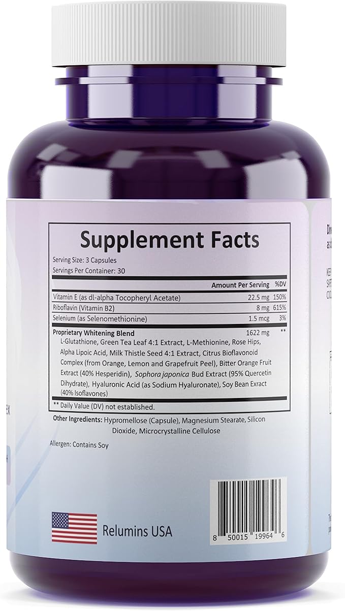 Relumins L-Glutathione Complex 1650mg - New Year New You Antioxidant Support with Alpha Lipoic Acid NAC L-Methionine &amp Vitamin E for Skin Health Made in USA - 90 Vegetarian Capsules x 2 Bottl