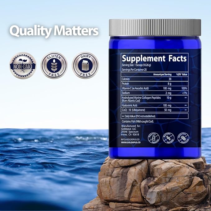 Marine Collagen Peptides Powder with Hyaluronic Acid Coenzyme Q10 Vitamin C - Promote Firm Skin Strong Nails&ampHair Healthy Joints - Hydrolyzed Collagen from Atlantic Cod - 10g per Serving
