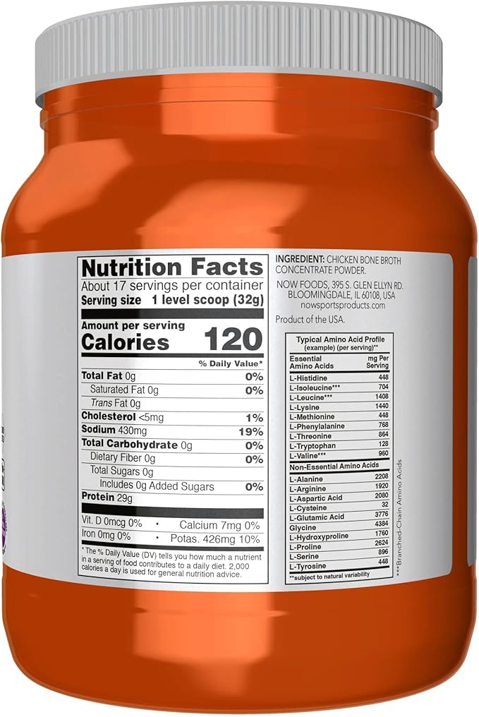 NOW Foods Sports Nutrition Chicken Bone Broth Powder made with Premium-Quality Chicken Bone Extract 1.2-Pound