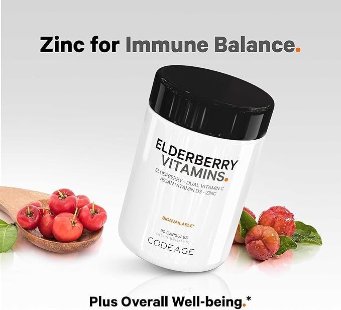 Codeage Elderberry Vitamins - Organic Fermented Elderberry Blend Vitamin C from Ascorbic Acid &amp Organic Acerola Cherries Vitamin D3 Zinc Sambucus Berries - 90 Capsules