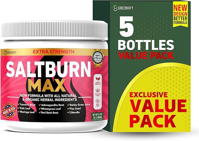 SaltBurn Max Extra Strength Natural Supplement with Organic Herbal Ingredients Turmeric Moringa Wheatgrass 28 Servings 6.3 oz (5)