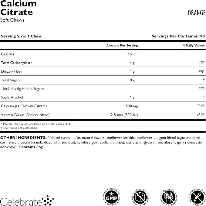Celebrate Vitamins Bariatric 500mg Calcium Citrate Soft Chews with 500 IU Vitamin D3 – Essential for Gastric Bypass Patients &amp Bone Health - Sugar &amp Gluten Free Orange (270 Chews)