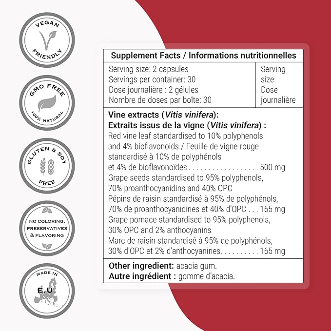 Supersmart Triple Vino Circulation (High Potency) - 3-in-1 Formula - Red Vine Leaf Extract - with Grape Seed &amp Marc | Vegan &amp Gluten Free - 60 Veg Capsules