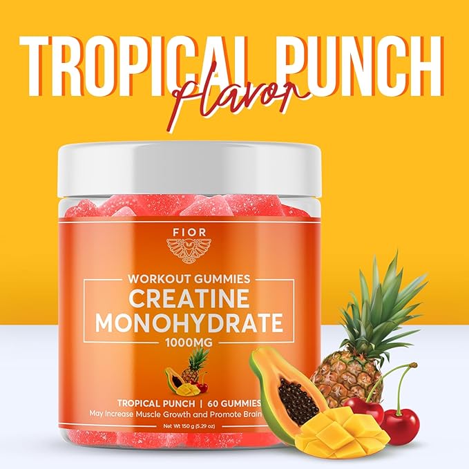 FIOR Creatine Gummy - Best Creatine Monohydrate Chewable 60 Count Workout &amp Protein Supplement Cognitive Enhancement Tropical Punch Flavor 30 Servings