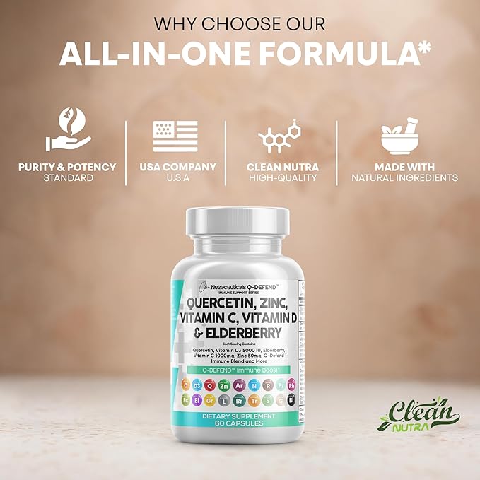 Q Defend Quercetin Supplement with Zinc Vitamin C Vitamin D Elderberry Turmeric Black Pepper Garlic Ginger Sea Moss Lysine Stinging Nettle Reishi Immune Support 60 Capsules Pack of 3 by Clean Nutra