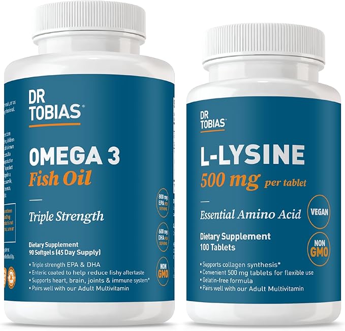 Dr. Tobias Omega 3 Fish Oil 2000 mg + L‑Lysine 500 mg Tablets – Triple Strength EPA/DHA for Heart &amp Brain Support with Essential Amino Acid for Collagen &amp Skin Health