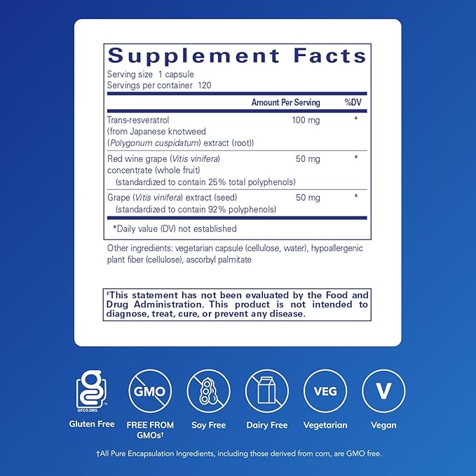 Pure Encapsulations Resveratrol EXTRA - 100 mg Trans-Resveratrol - For Healthy Cellular &amp Cardiovascular Function* - Antioxidants Supplement - Non-GMO &amp Gluten Free - 120 Capsules