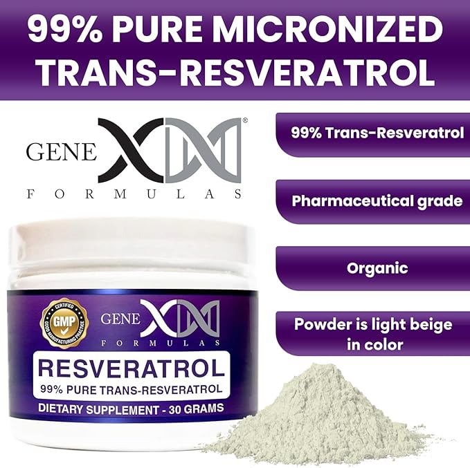 GENEX Trans Resveratrol 1000mg Powder Serving 99% Pure Micronized Pharmaceutical Grade | 30 Servings/30Grams | 1 Gram Per Day 30-Day Supply Made in a GMP &amp NSF Certified Facility